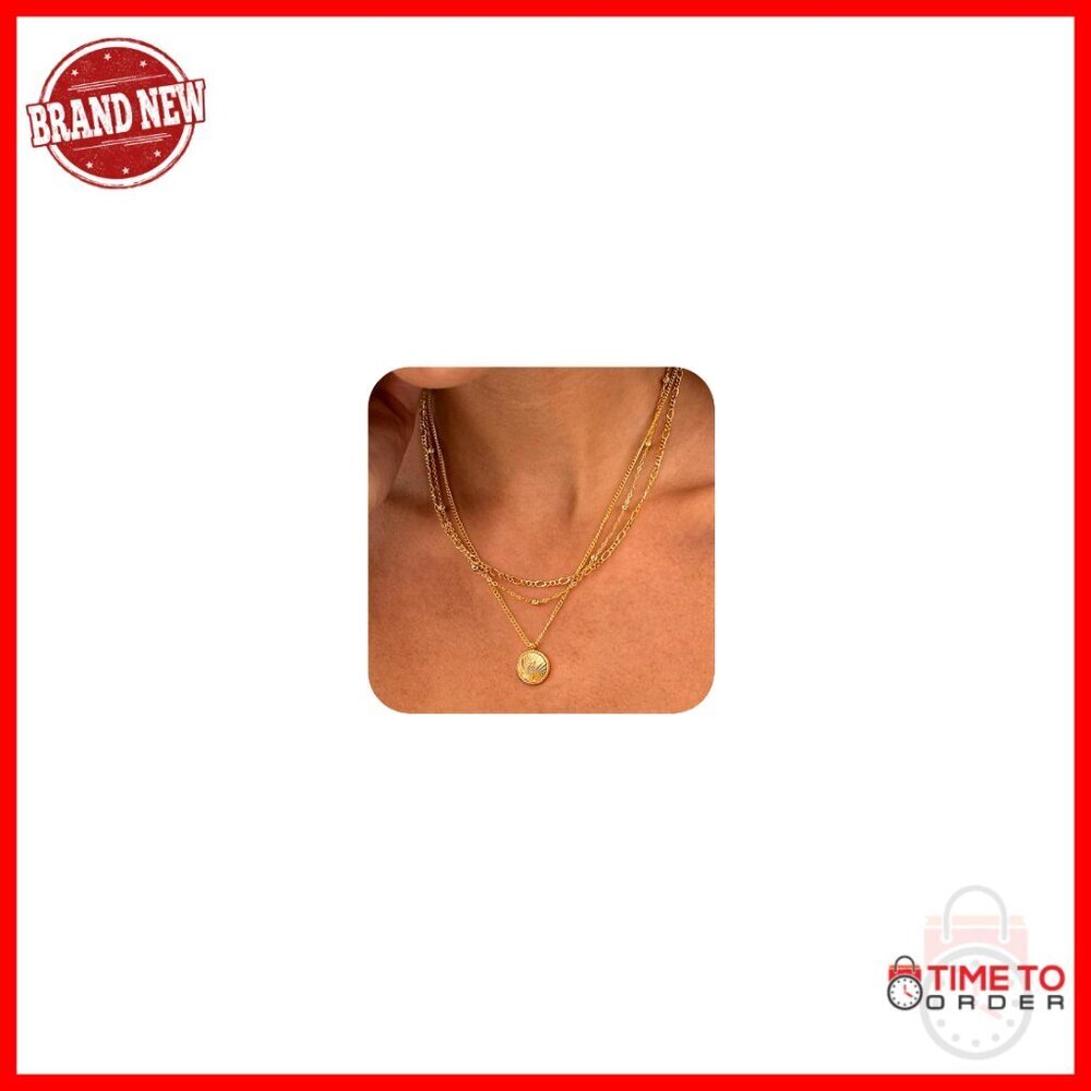 14K Gold Plated Layered Necklace Set, Adjustable Stackable Chains with Pendant